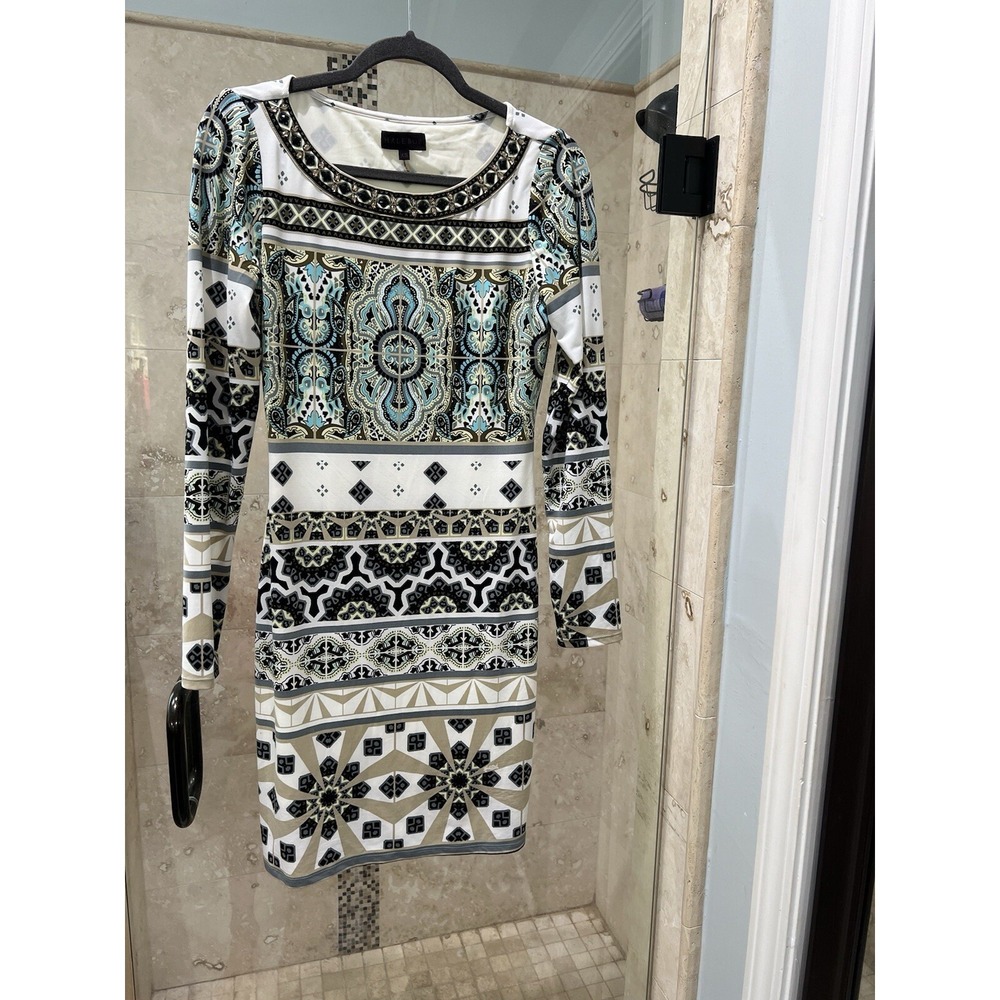 Hale Bob XS Muted Floral Jewel Print Bodycon Dress Long Sleeve Lined 3VFS6925